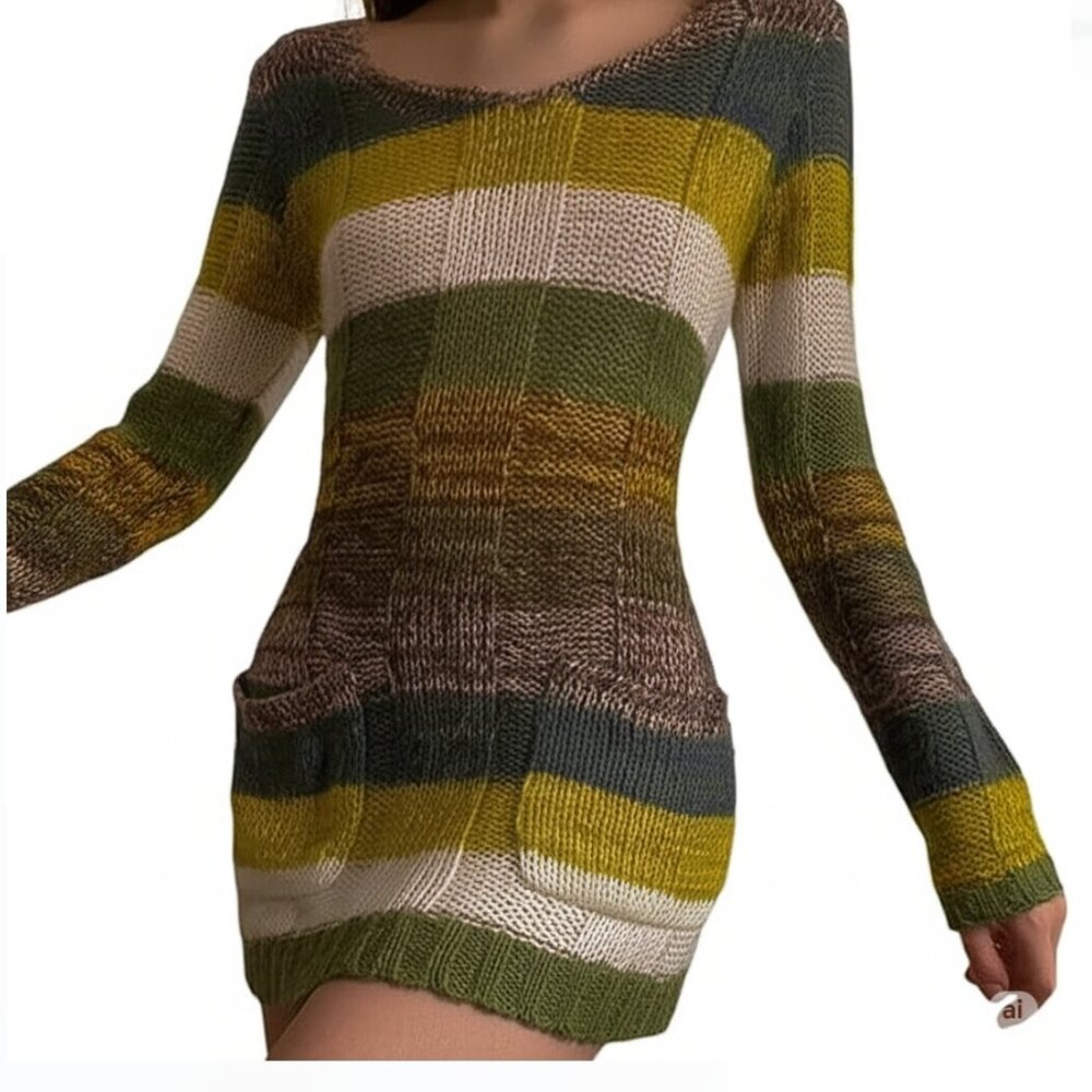 Y2K fairy grunge cozy knit crochet sweater mini dress with pockets EUC